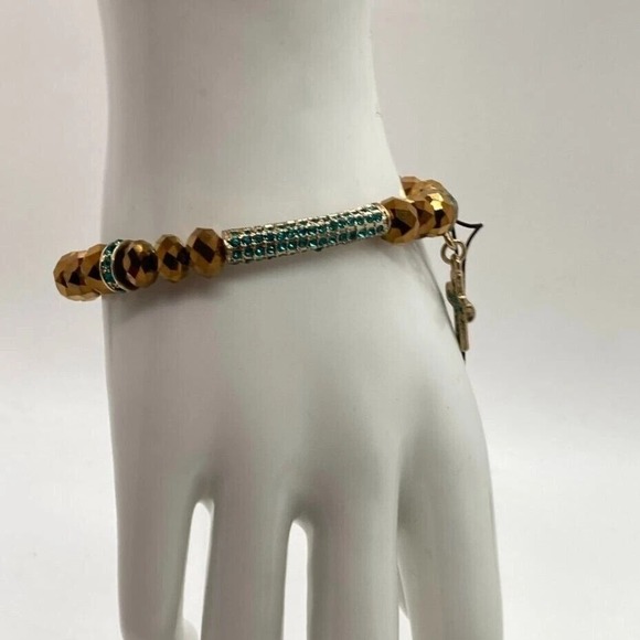 APT. 9 Gold Tone Stretch Bracelet with Faceted Beads & Green Pave Cross Charm - Picture 5 of 13